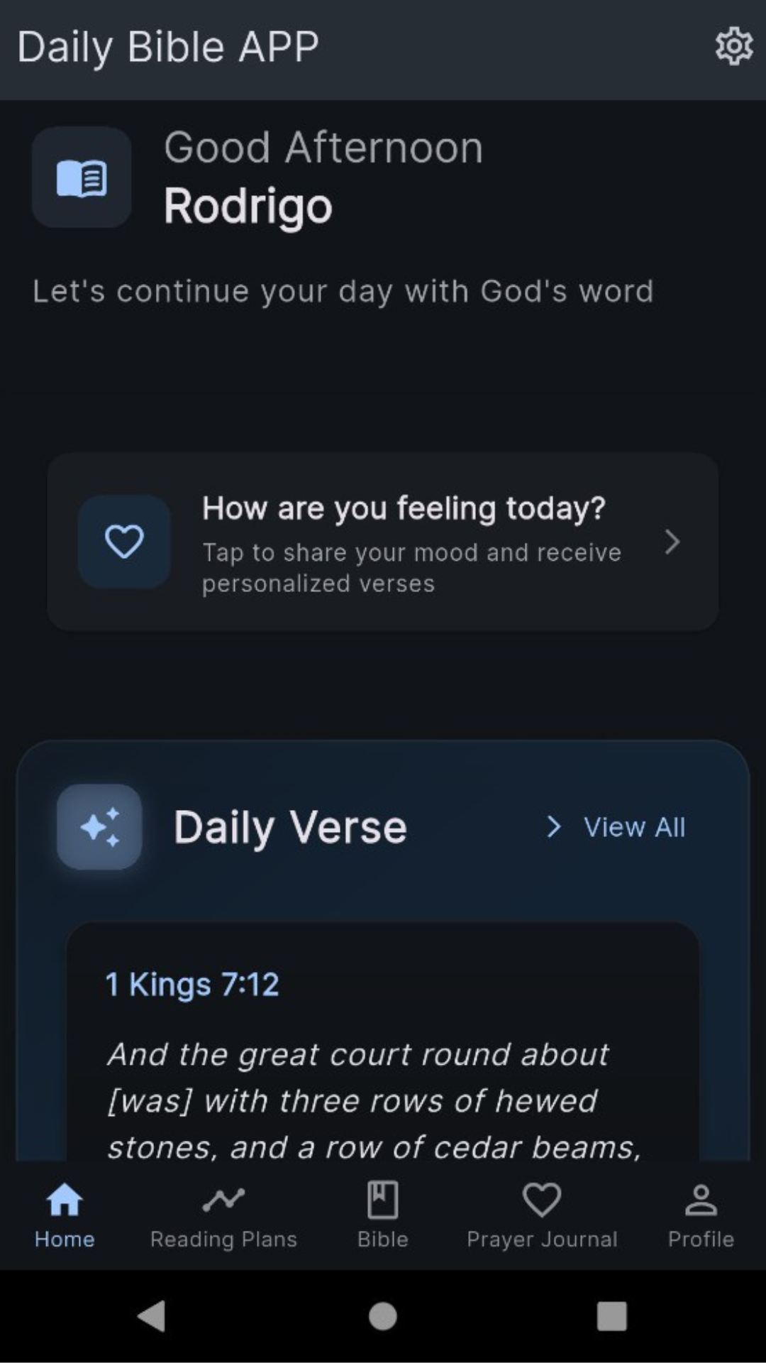 Daily Bible App home screen showing mood-based verses and daily verse