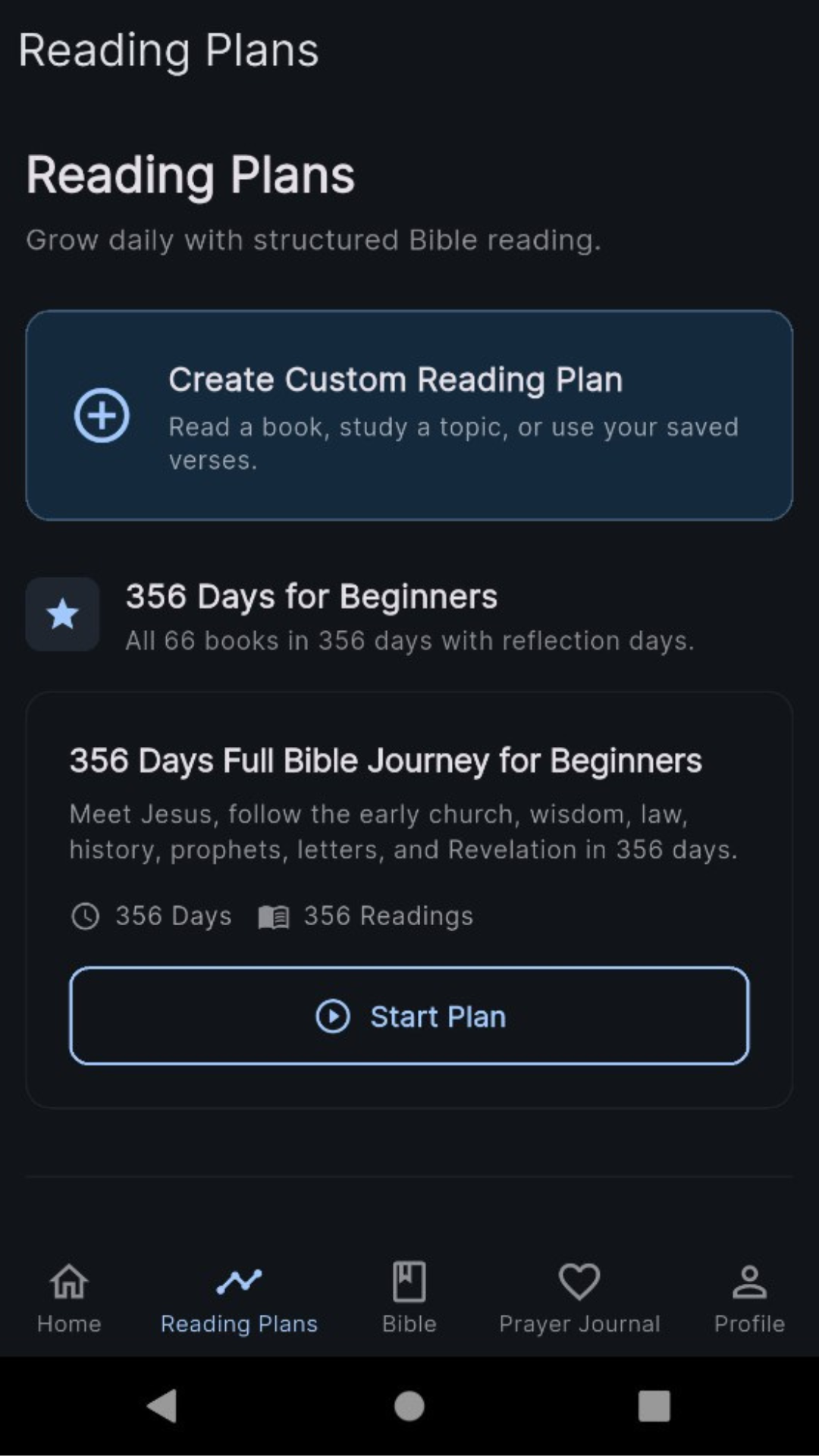 Reading plans screen